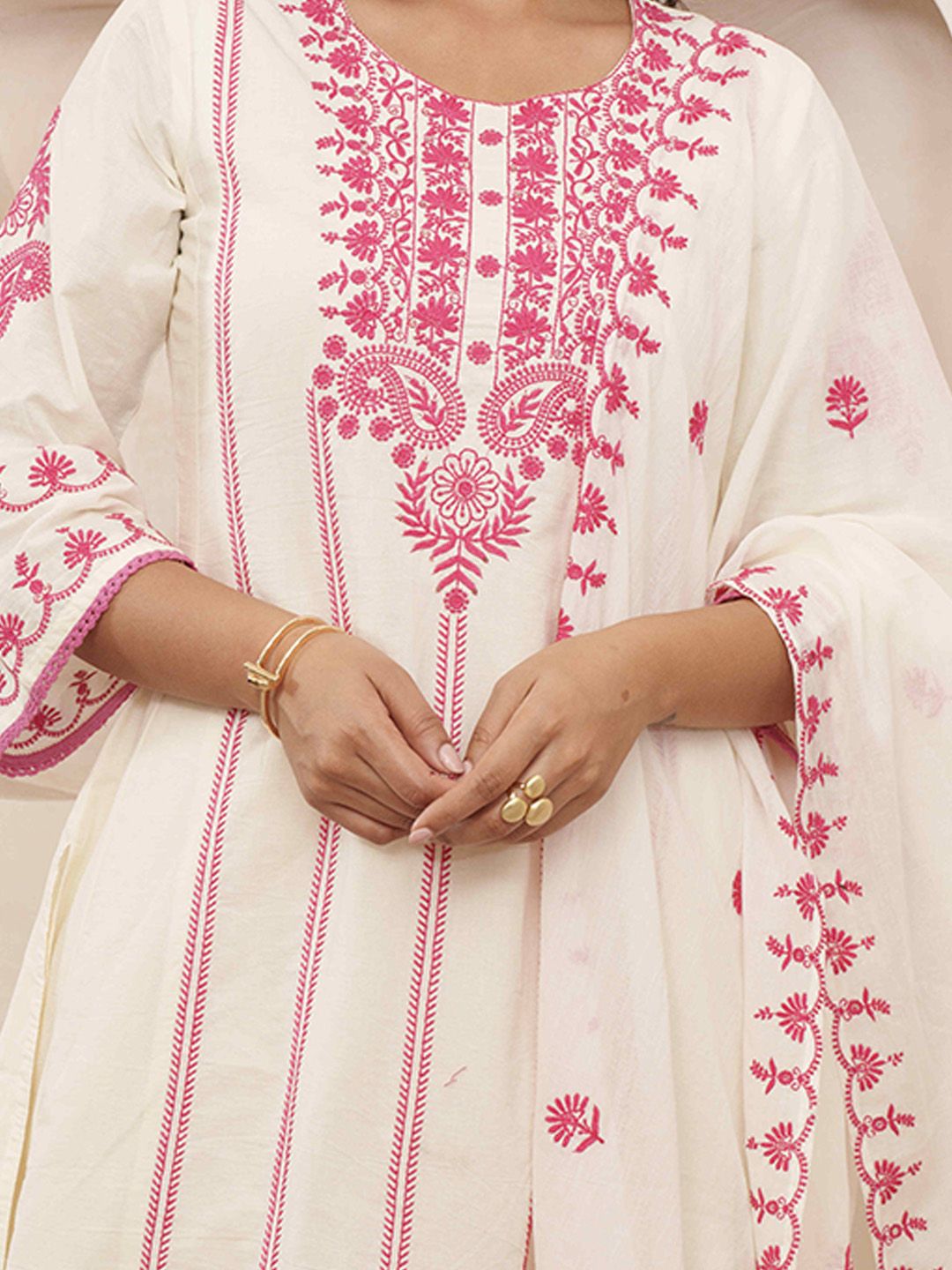 Dhiyona PD Women Floral Embroidered Pure Cotton Kurta & Trousers With Dupatta