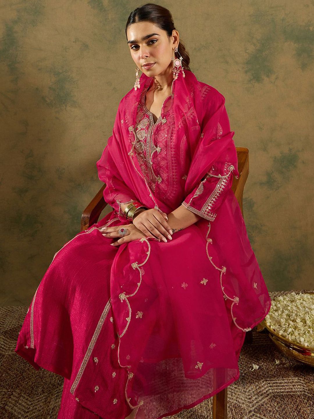 Ethnic Motifs Embroidered Panelled A-Line Kurta with Trousers & Dupatta
