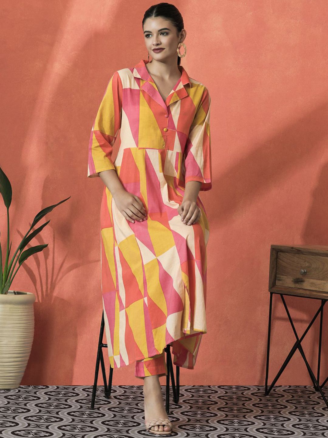 Dhiyona SN Women's Colourblocked Shirt Collar A-Line Pure Cotton Kurta With Trousers