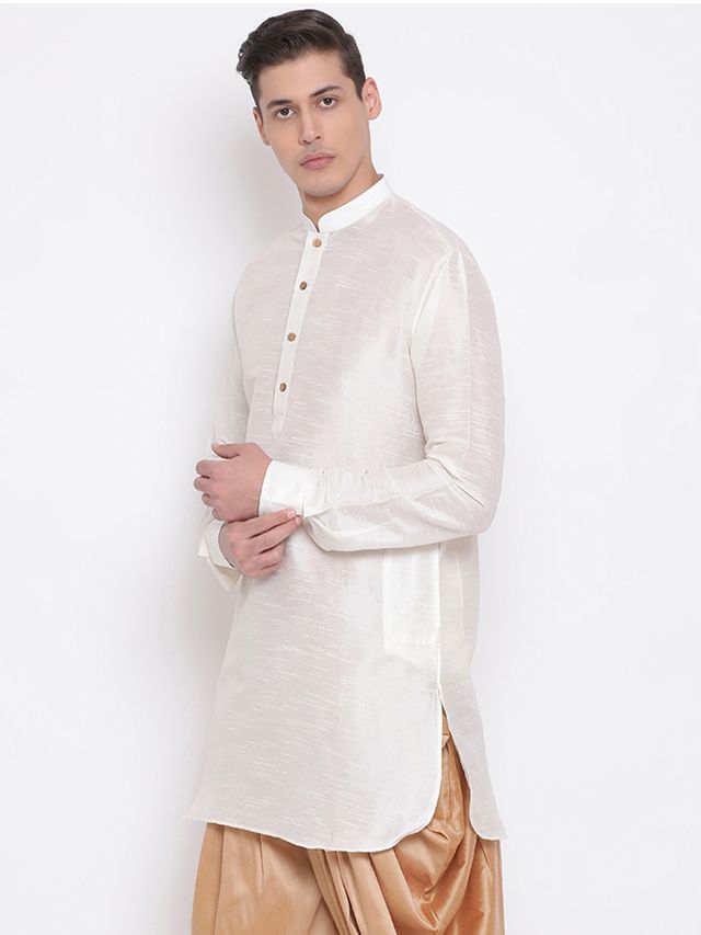 Men's Cream Silk Blend Pathani Kurta
