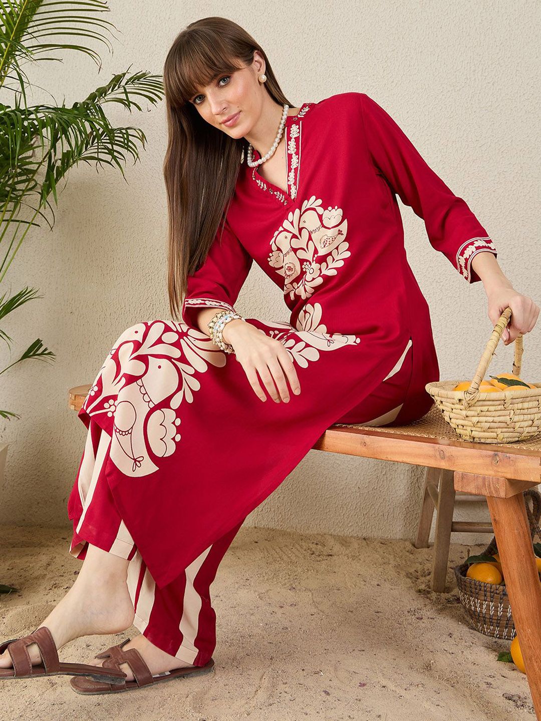 Dhiyona IE Printed Mandarin Collar Tunic With Trousers