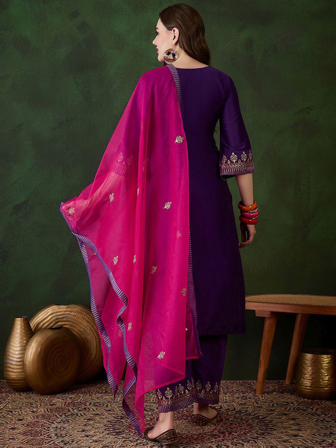 Dhiyona SN Women's Floral Yoke Design Notch Neck Sequinned Straight Kurta With Trousers & Dupatta