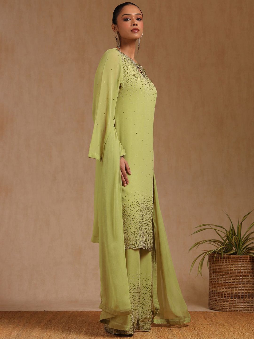 Dhiyona SO Women's Ethnic Motifs Embroidered Beads and Stones Straight Kurta With Palazzos & Dupatta