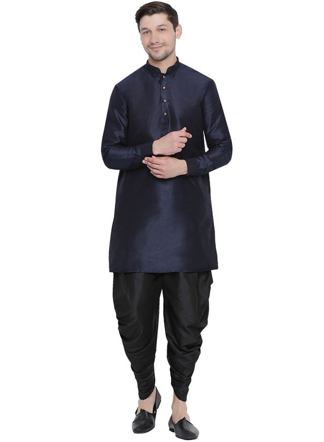 Men's Dark Blue Silk Blend Pathani Kurta and Dhoti Set