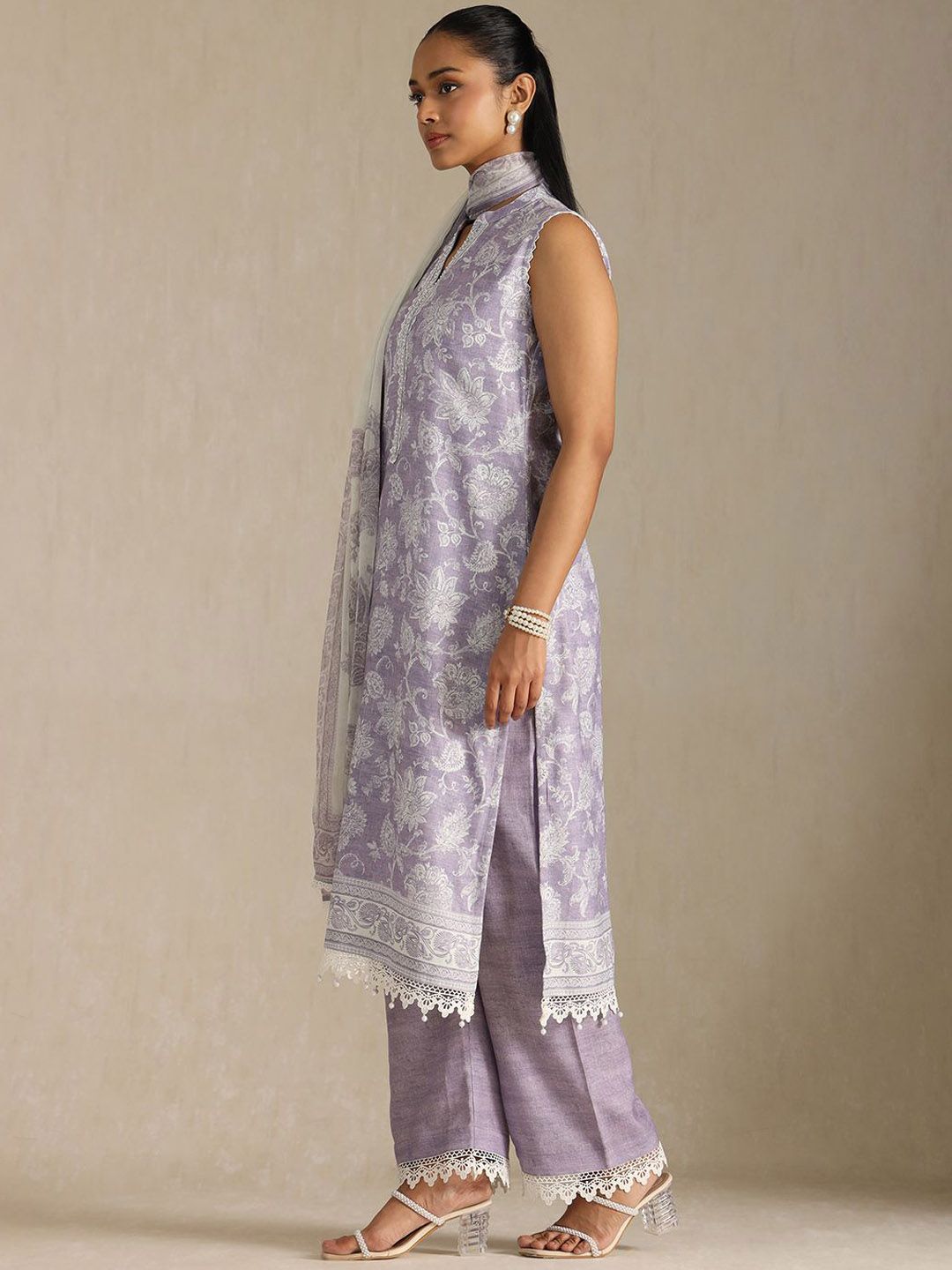 Dhiyona SO Women's Women Printed Regular Beads and Stones Linen Kurta with Palazzos & With Dupatta
