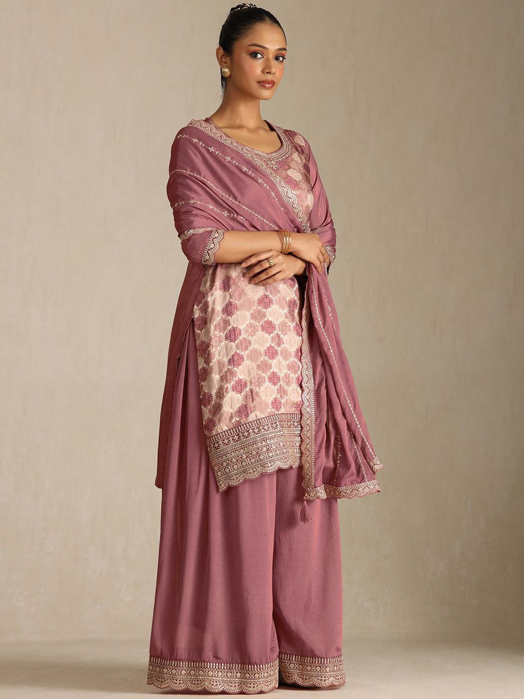 Dhiyona SO Women's Floral Printed U-Neck Sequinned Kurta With Palazzos & Dupatta
