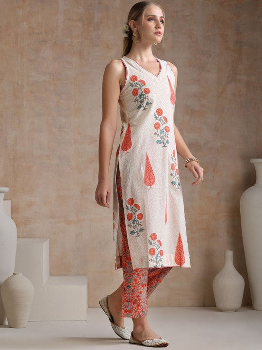 Women's Floral Printed Pure Cotton Straight Kurta with Palazzos & With Dupatta
