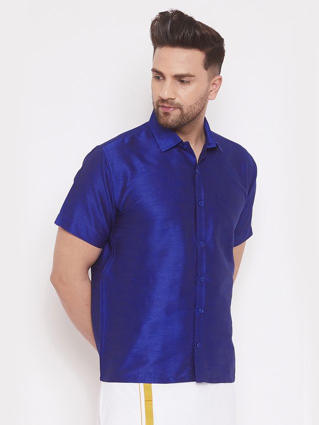 Men's Blue Silk Blend Straight Shirt And Mundu