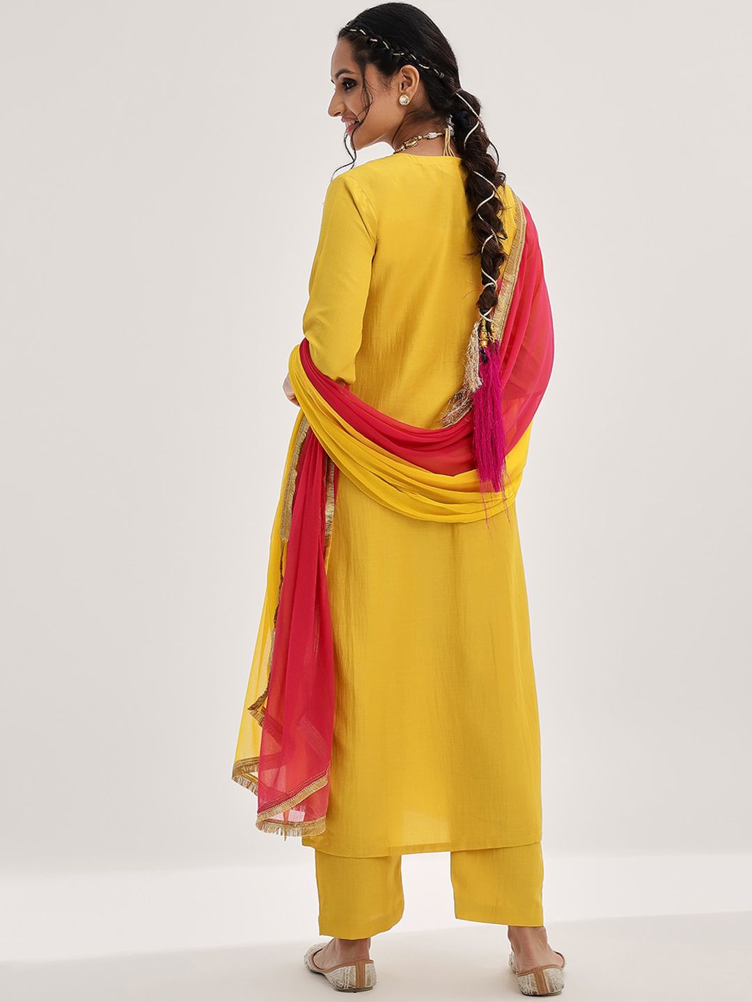 Dhiyona VA Women'sYellow Yoke Design Ethnic Motifs Straight Kurta & Trousers With Dupatta