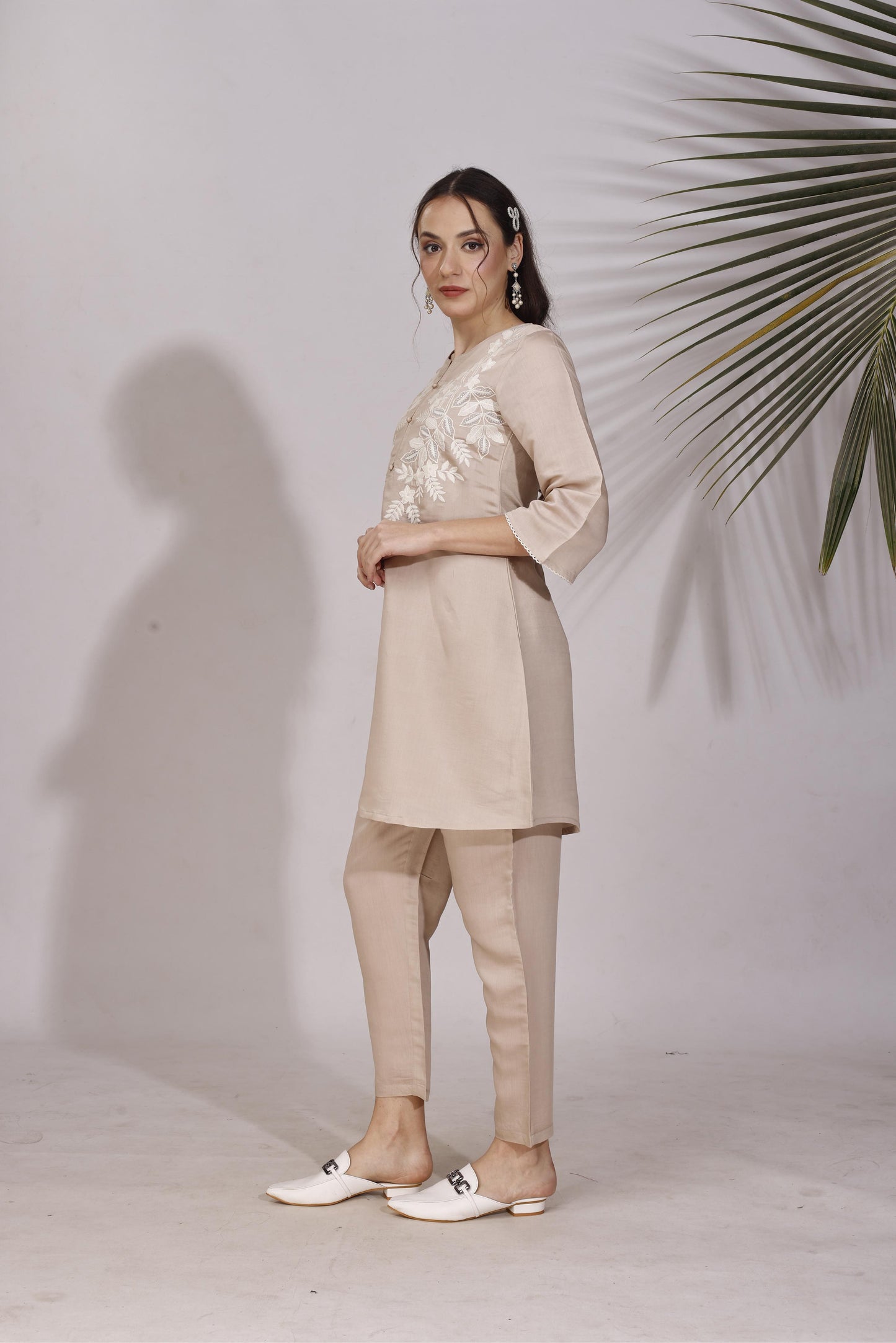 Dhiyona TI Women's Brown Colour White Thread Embroidery Work Co Ord