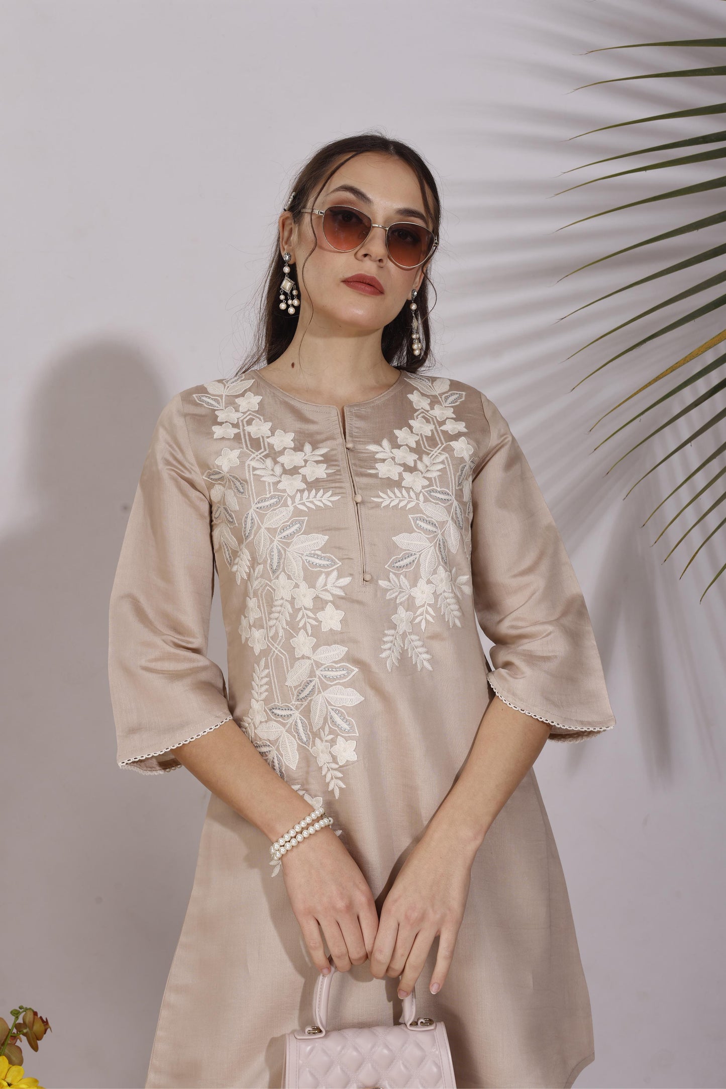 Dhiyona TI Women's Brown Colour White Thread Embroidery Work Co Ord