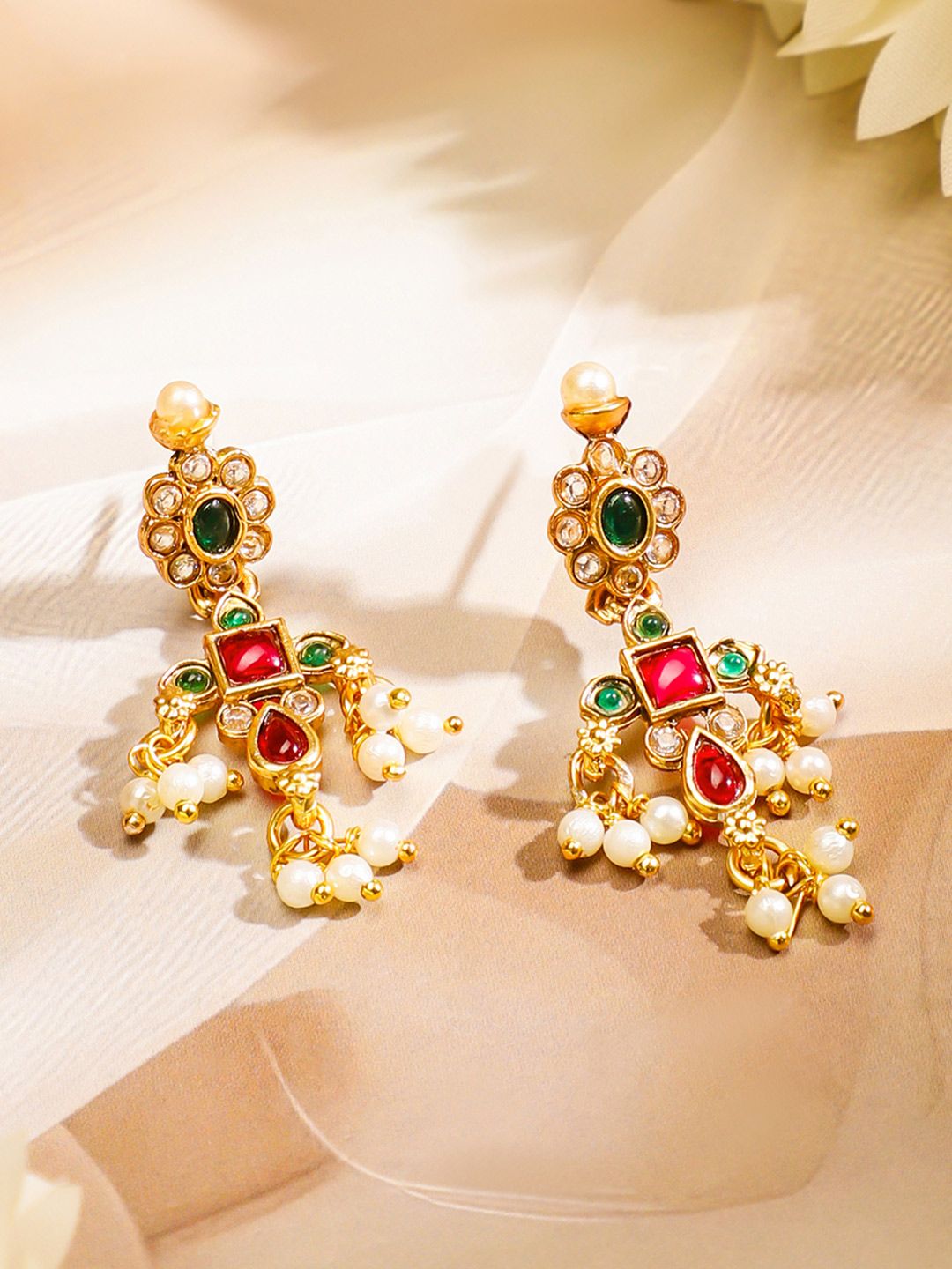 Dhiyona RJ Women's 24K Gold Plated Handcrafted Ruby & Emerald Studded & Pearl Beaded Jewellery Set