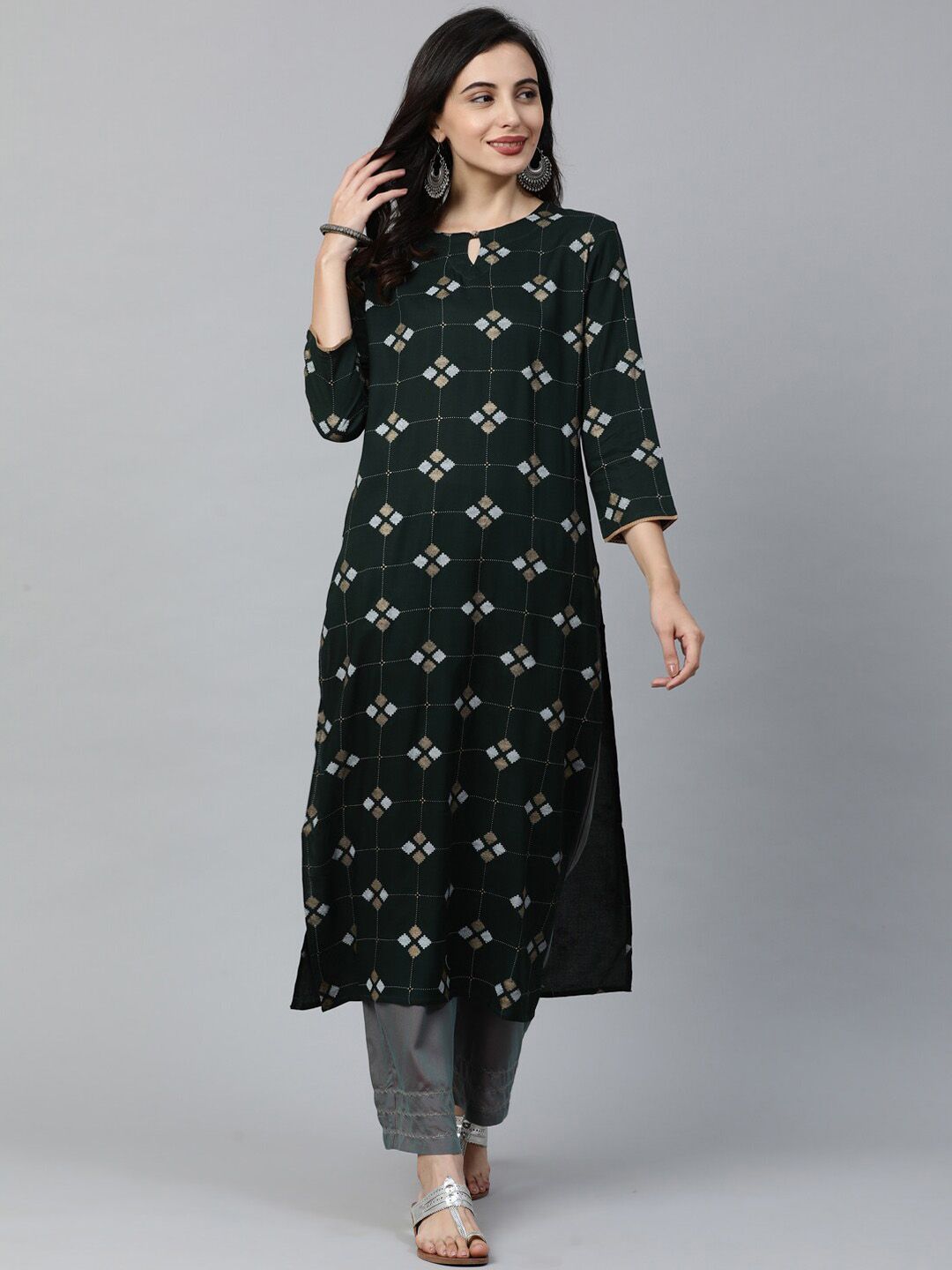 Dhiyona IE Women Green Printed Straight Kurta