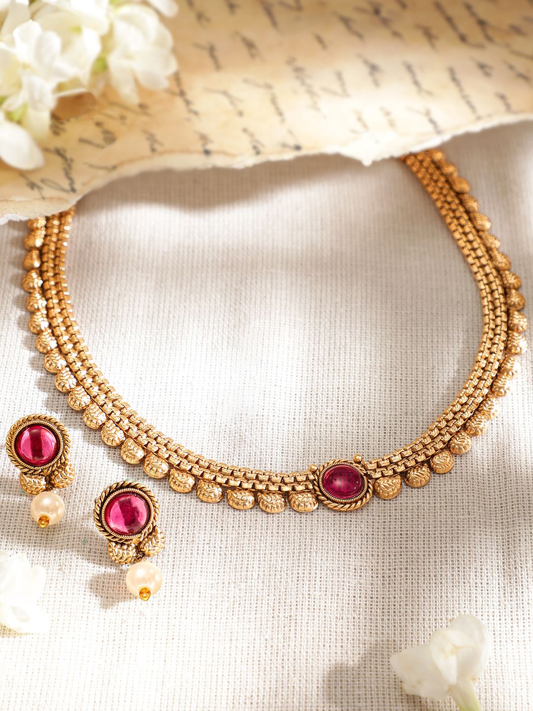 Dhiyona RJ Women's Gold-Plated Ruby Studded & Pearl Drops Handcrafted Jewellery Set