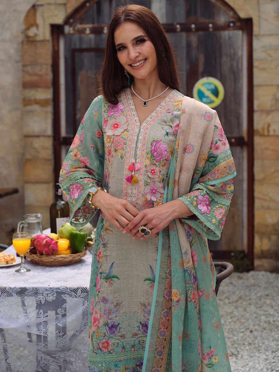 Floral Embroidered Beads and Stones Straight Kurta With Trousers & Dupatta