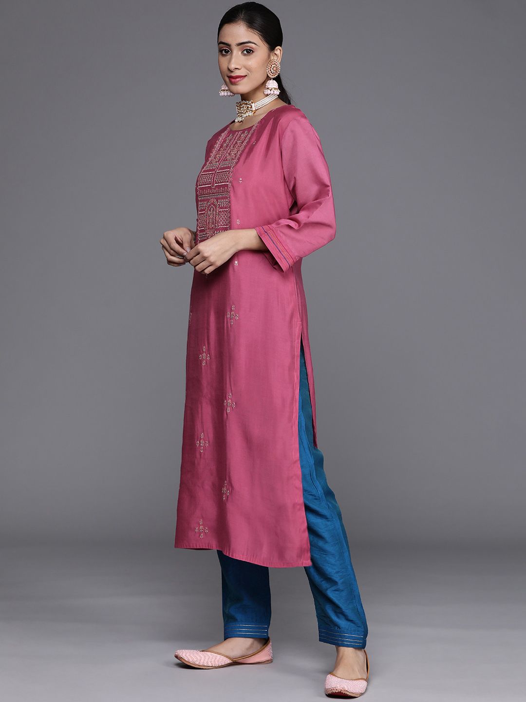 Dhiyona VA Women's Pink Ethnic Motifs Embroidered Silk Crepe Kurta with Trousers & With Dupatta
