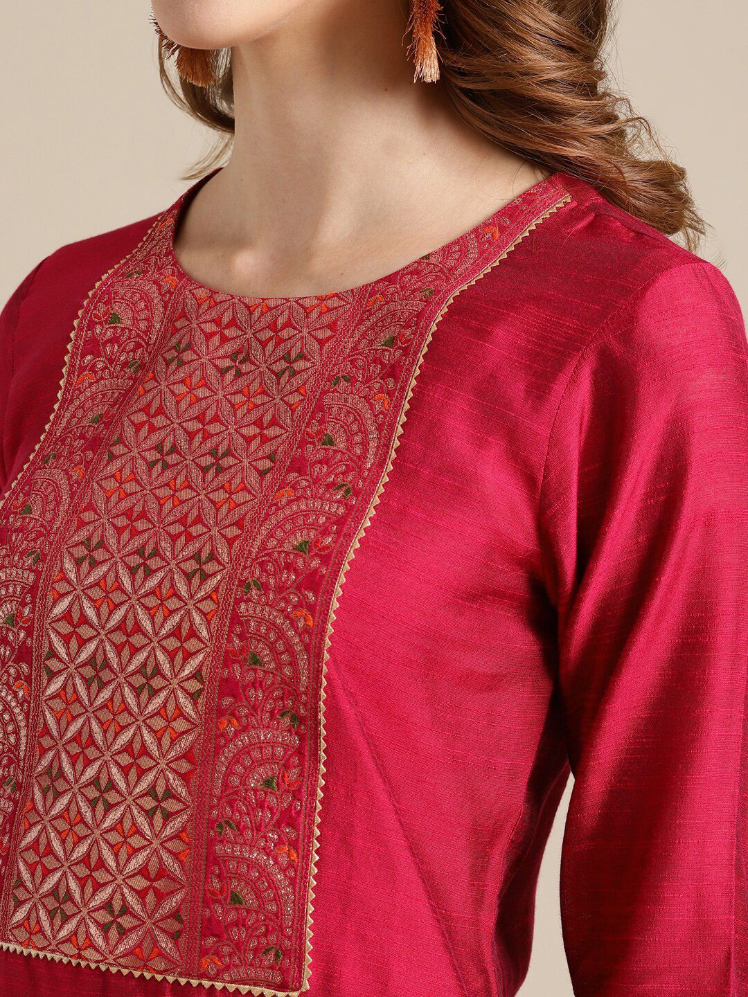 Dhiyona VA Women's Red Ethnic Motifs Yoke Design Kurta with Palazzos