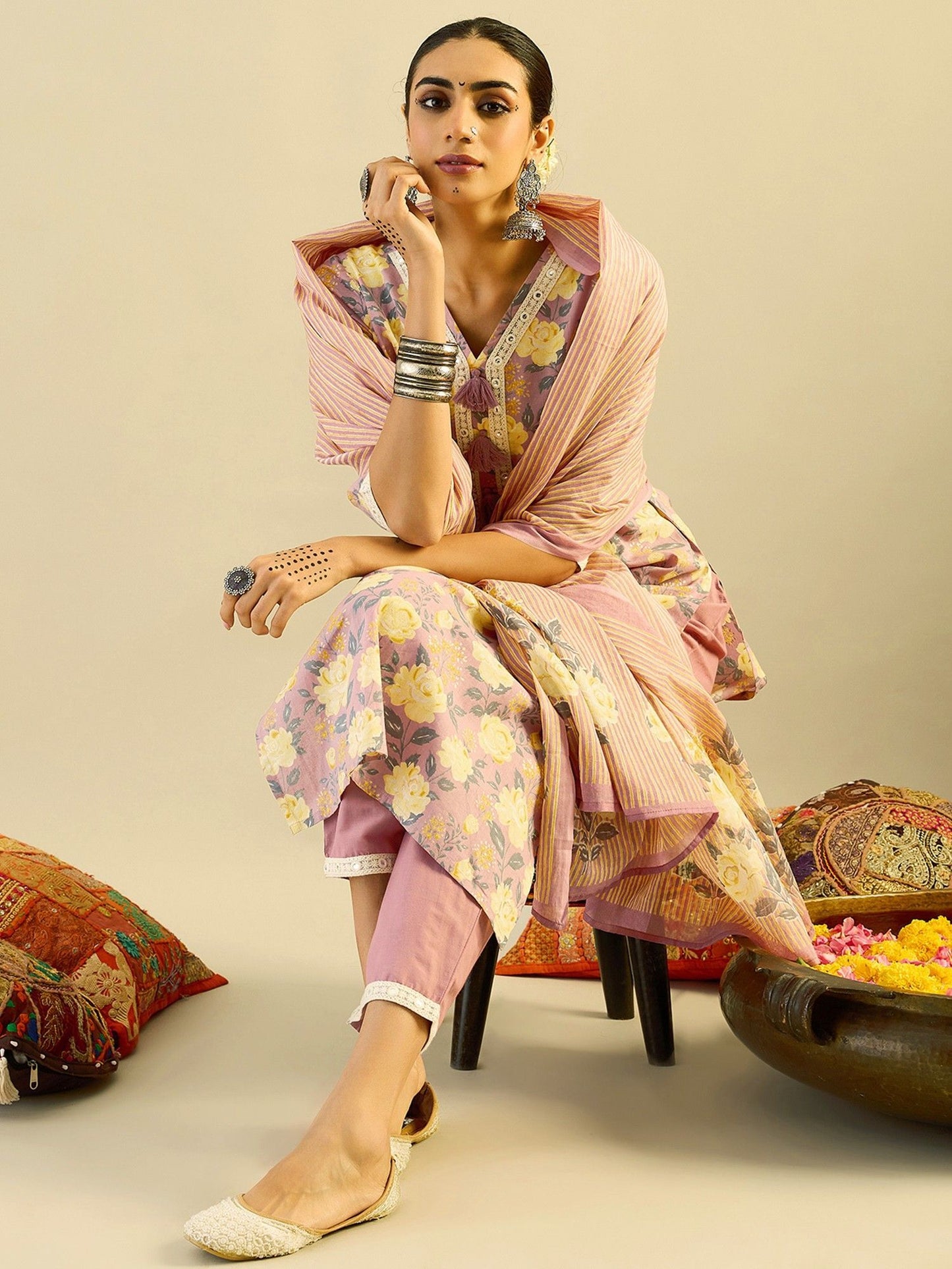 Floral Printed Embellished Pure Cotton Straight Kurta with Trouser And Dupatta
