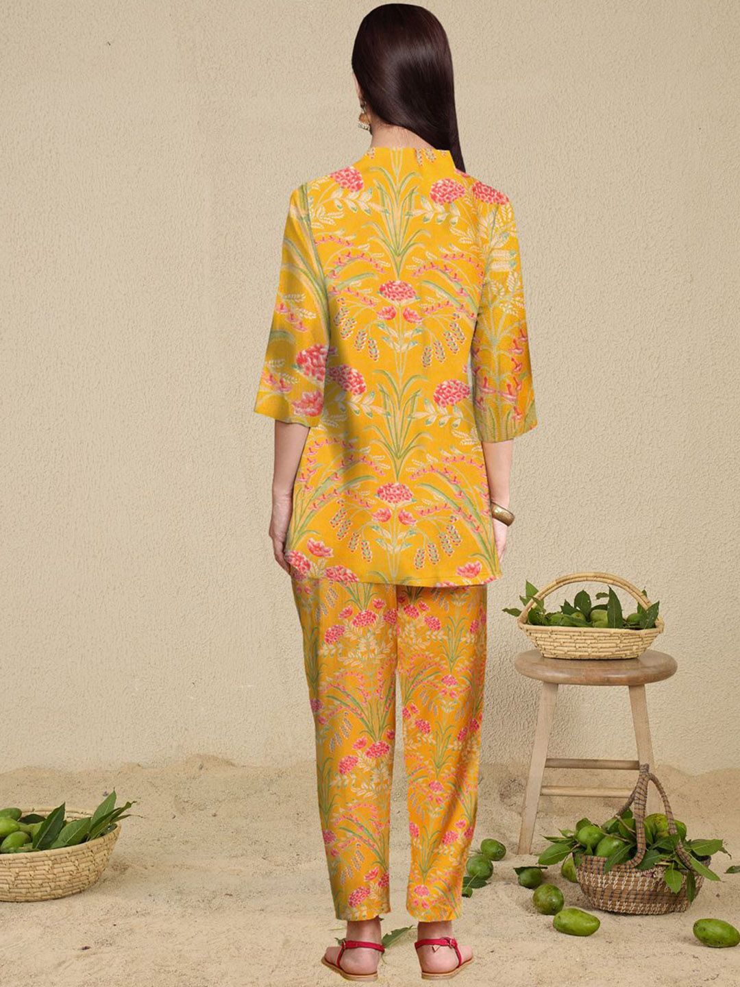 Dhiyona IE Floral Printed Shirt Collar Kurta With Trousers