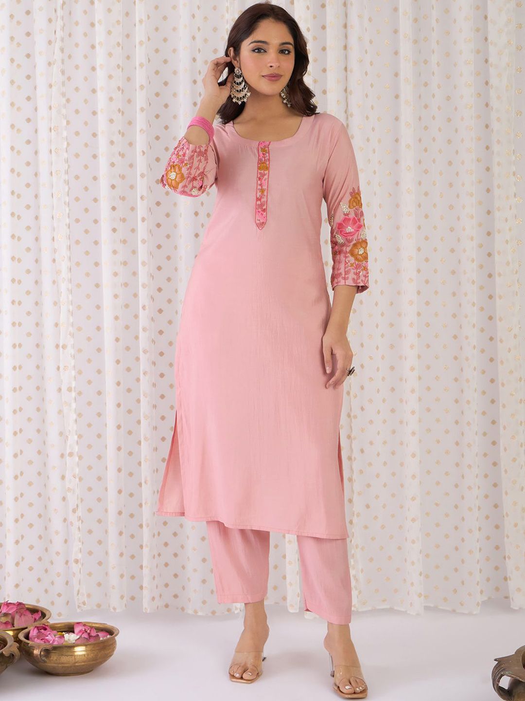 Dhiyona IE Floral Yoke Design Embroidered Thread Work Straight Kurta With Trousers & Dupatta