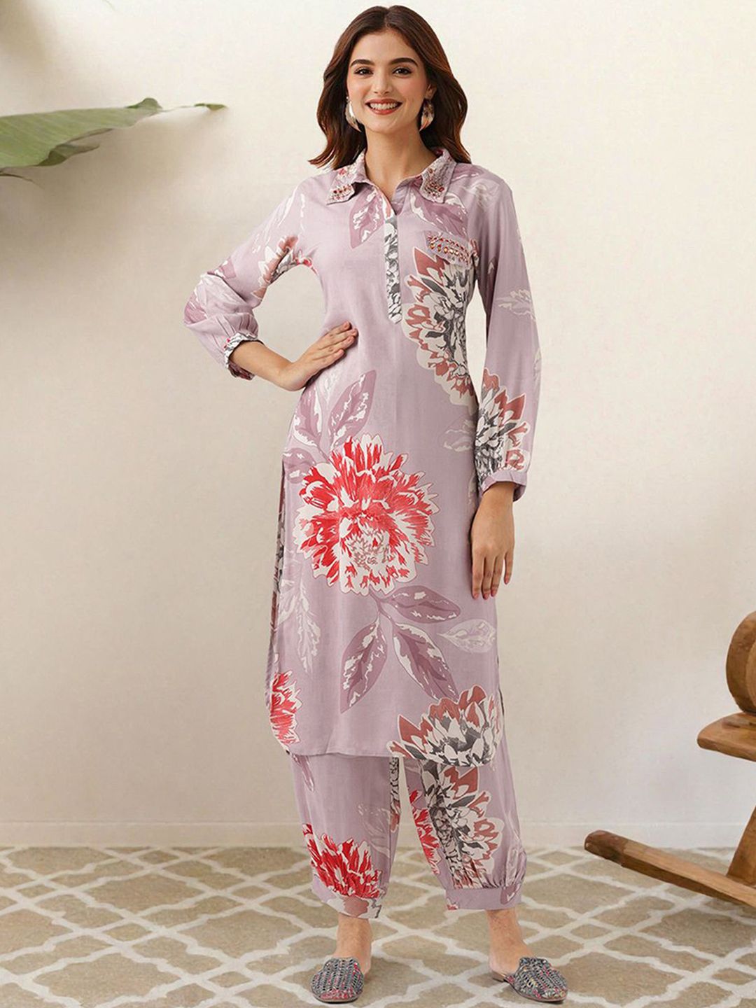 Dhiyona IS Women's Floral Printed Shirt Collar Straight Kurta With Trousers