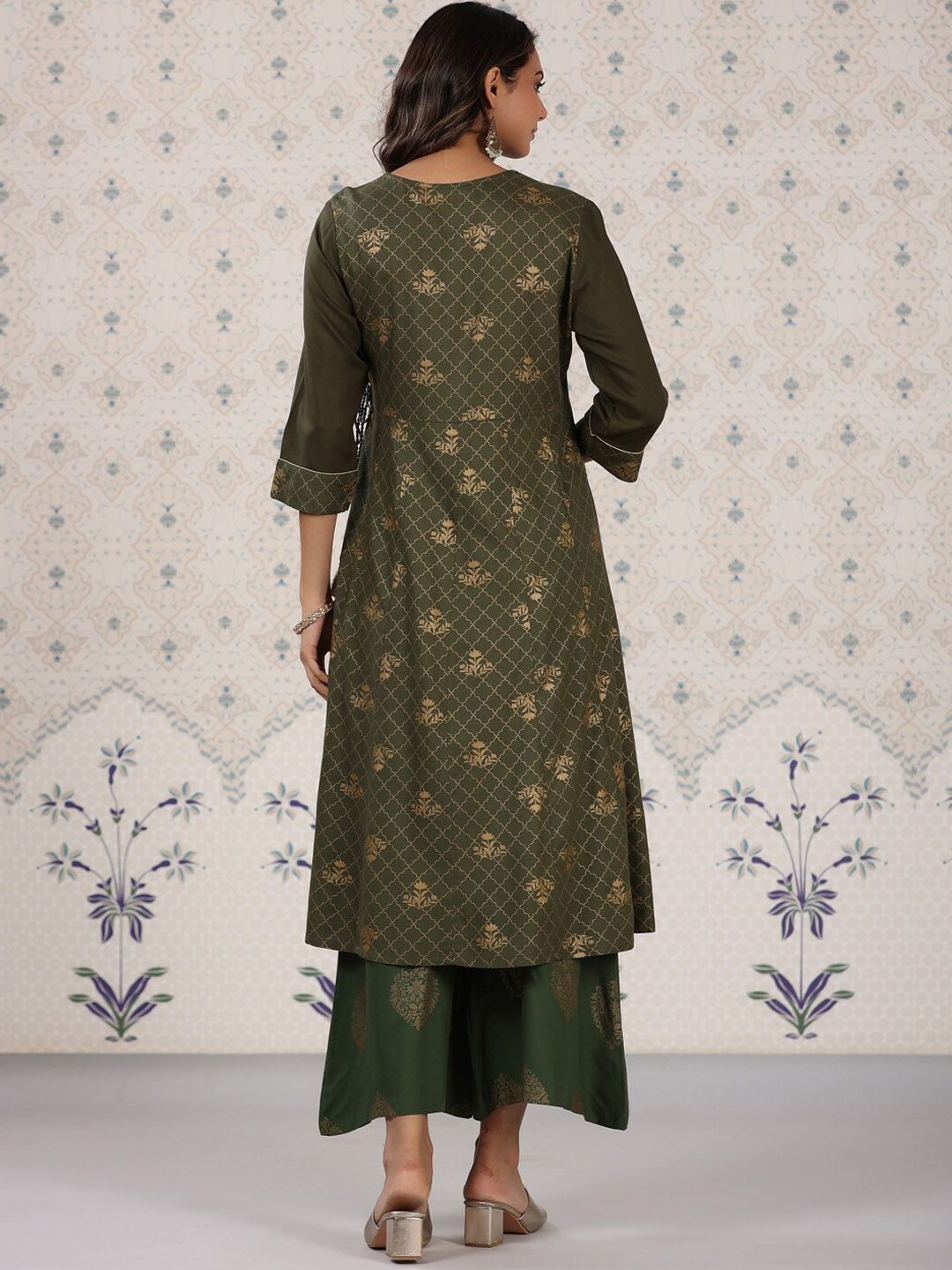 Dhiyona OD Olive Green & Gold Printed V Neck Angrakha Kurta With Palazzos