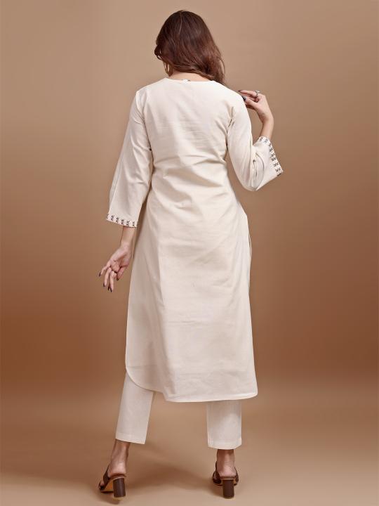 Dhiyona TI Women's Off White Linen with Contrast Butterfly Embroidered Kurta and Pant