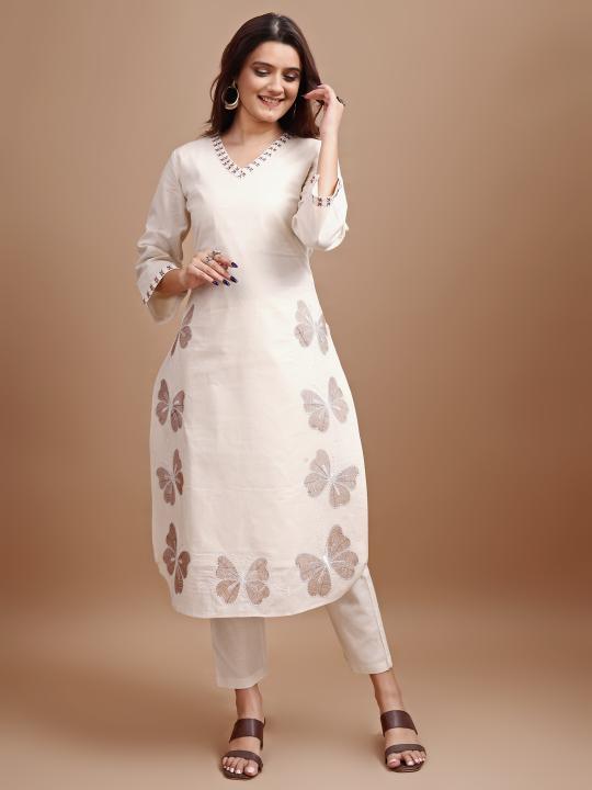 Dhiyona TI Women's Off White Linen with Contrast Butterfly Embroidered Kurta and Pant