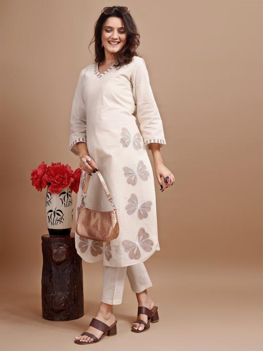 Dhiyona TI Women's Off White Linen with Contrast Butterfly Embroidered Kurta and Pant