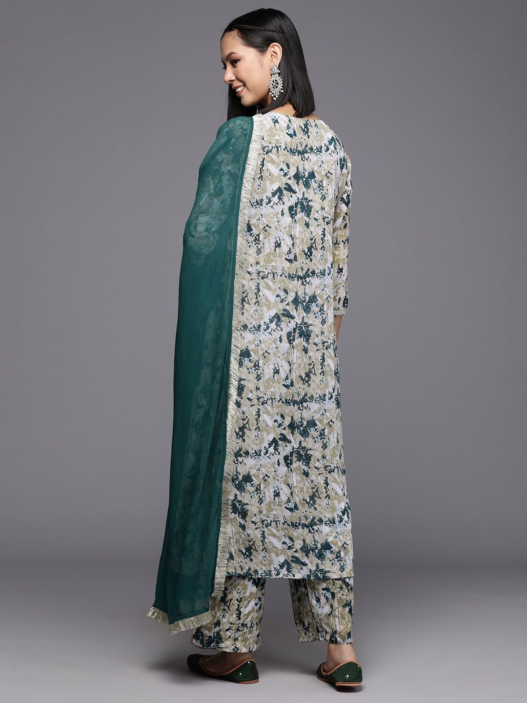 Dhiyona VA Women's Printed Pleated Silk Georgette Kurta with Trousers & Dupatta