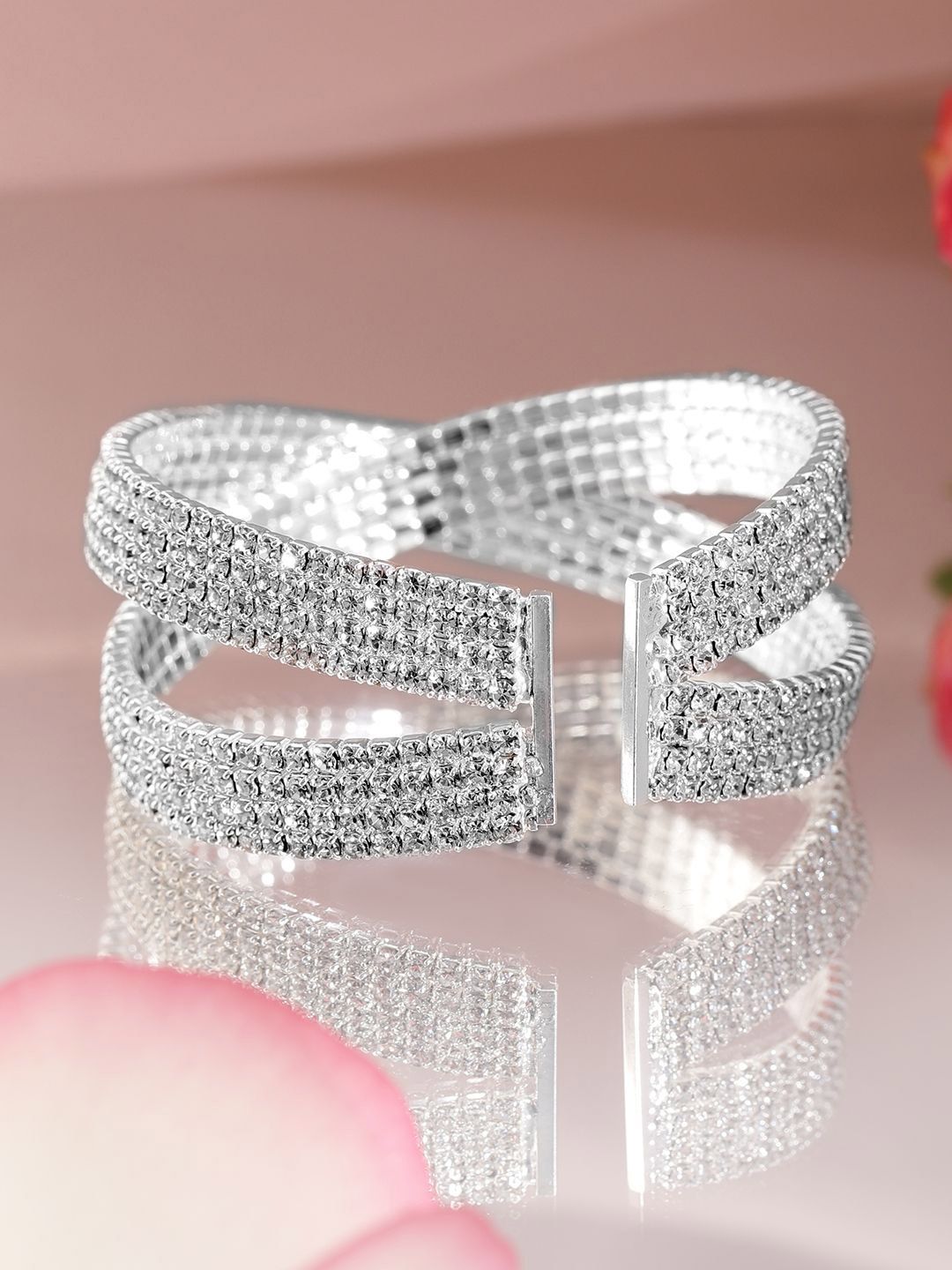 Dhiyona RJ Women's Rhodium-Plated Crystals Stone Studded Cuff Bracelet