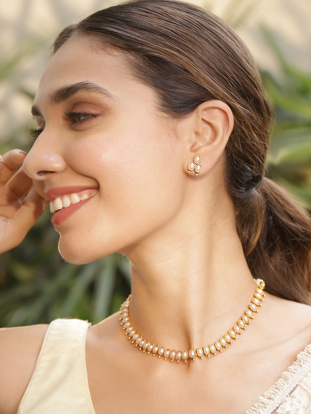 Buy Dhiyona RJ Women's 22KT Gold Plated Stylish Pearl Studded Oval