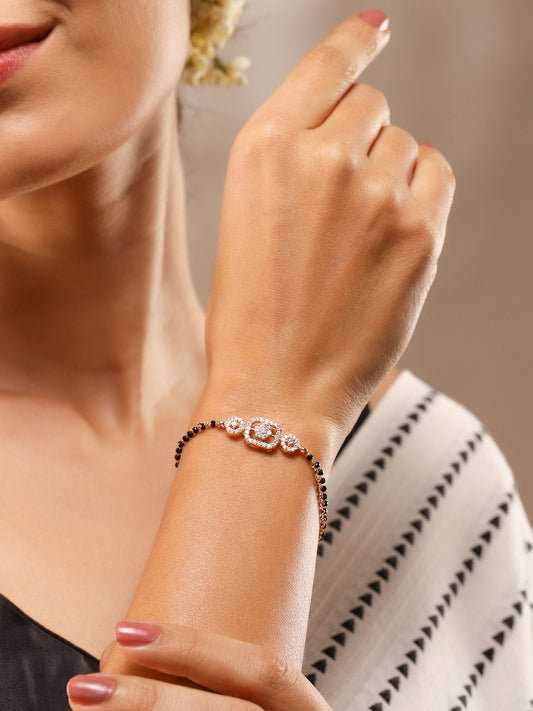 Dhiyona RJ Women's Rose Gold-Plated Black Beads & Cubic Zirconia Studded Floral Mangalsutra Bracelet