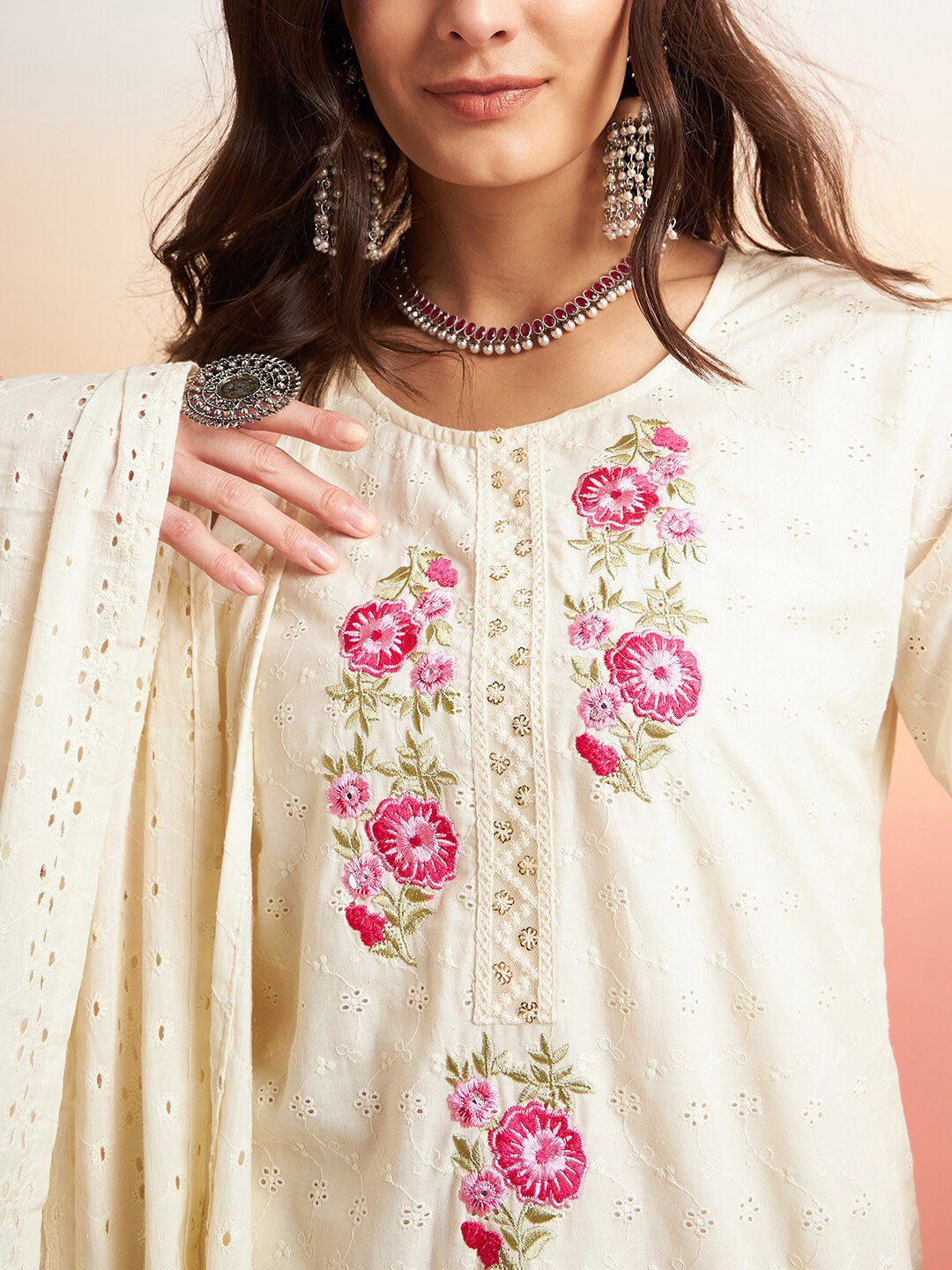 Dhiyona SN Women's Pure Cotton Floral Embroidered Straight Kurta With Trousers & Dupatta