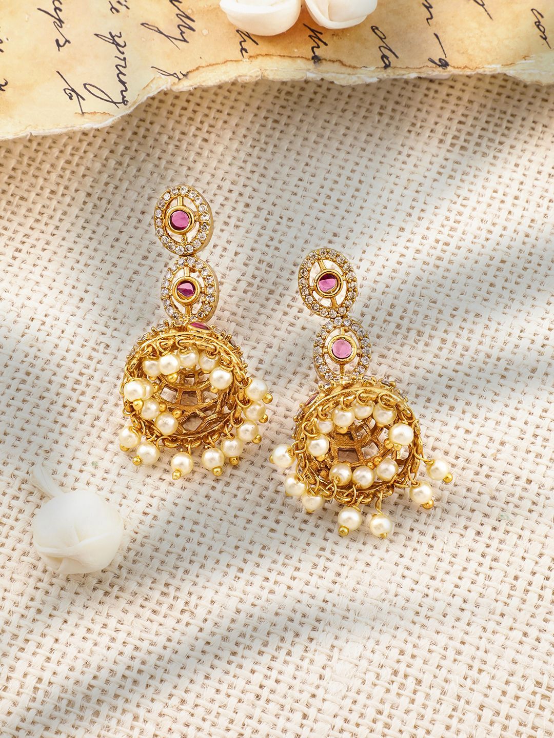 Dhiyona RJ Women's 22K Gold-Plated Ruby, Emerald & Cubic Zirconia Studded Double Layer Jewellery Set