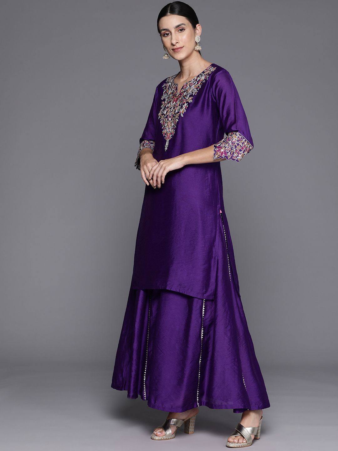 Dhiyona VA Women'sFloral Thread Embroidered Sequinned Chanderi Silk Kurta & Palazzos With Dupatta