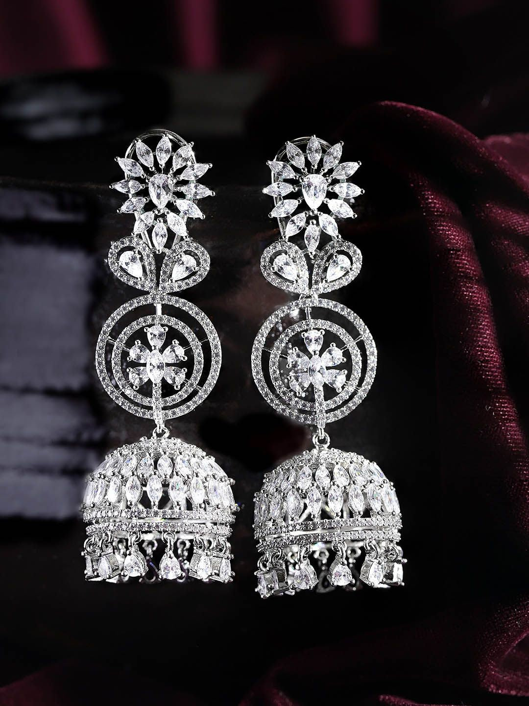Dhiyona RJ Women's Rhodium Plated AAA Cubic Zirconia Studded Premium Long Jhumka Earrings