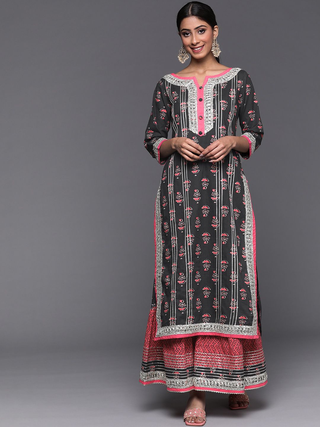 Dhiyona VA Women's Grey Ethnic Motifs Printed Kurta with Sharara