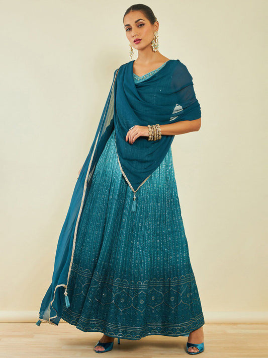 Dhiyona SO Women's Turquoise Blue Floral Embroidered Sequinned Anarkali Kurta With Churidar & Dupatta