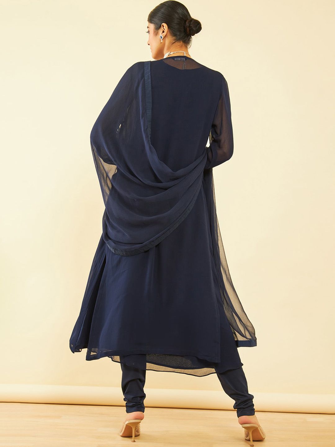 Dhiyona SO Women's Blue Yoke Design Keyhole Neck Bead Georgette Kurta with Churidar & Dupatta with Shrug