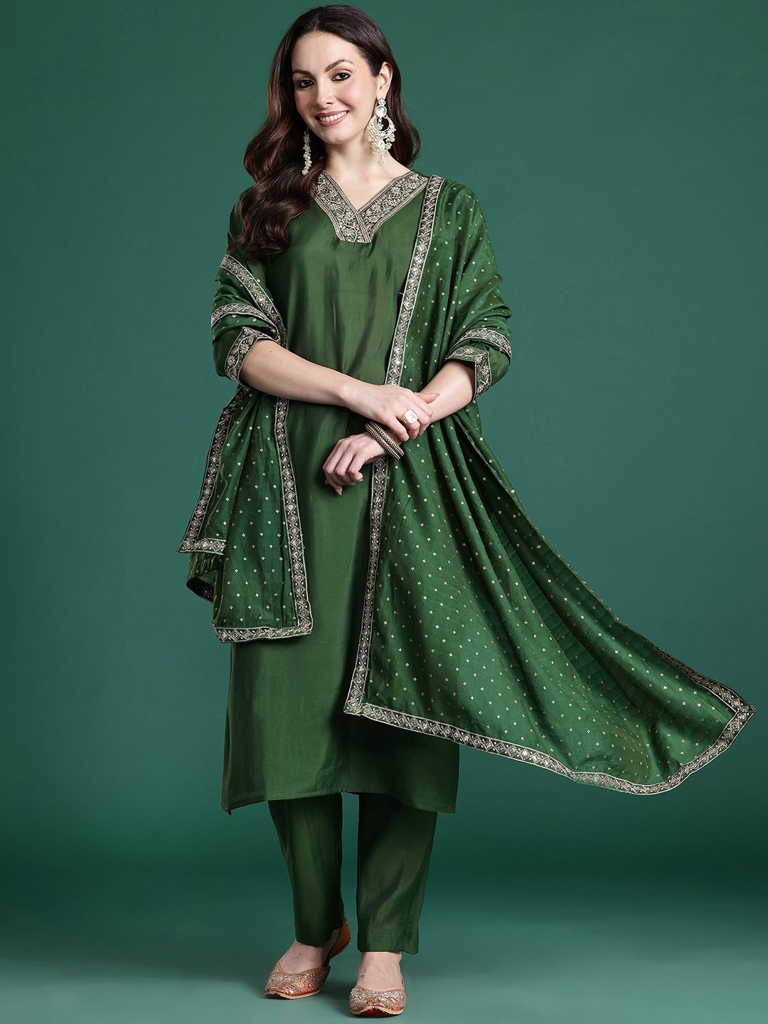 Floral Embroidered Sequinned Kurta with Trousers & With Dupatta