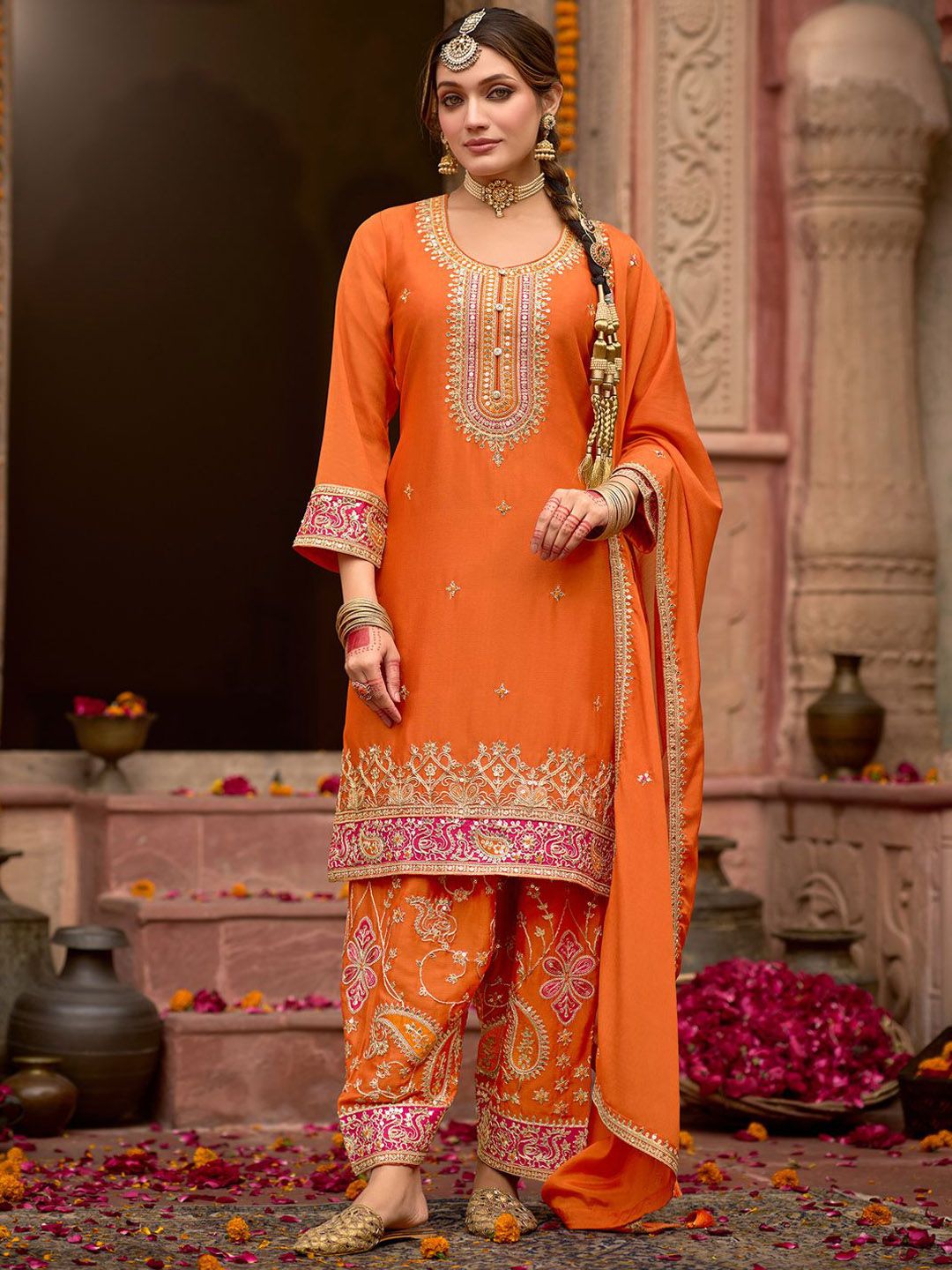 Dhiyona IE Floral Embroidered Sequinned Chinon Straight Kurta With Trousers & Dupatta