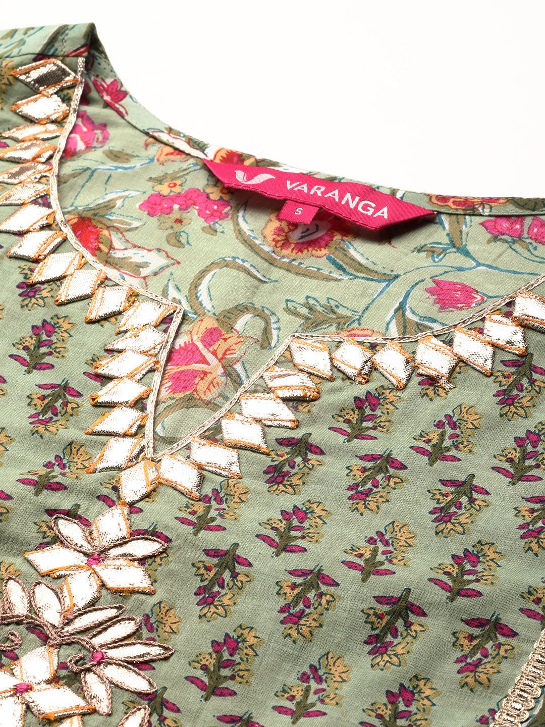 Dhiyona VA Women'sGreen & Pink Floral Print Pure Cotton Kurta with Trousers & With Dupatta