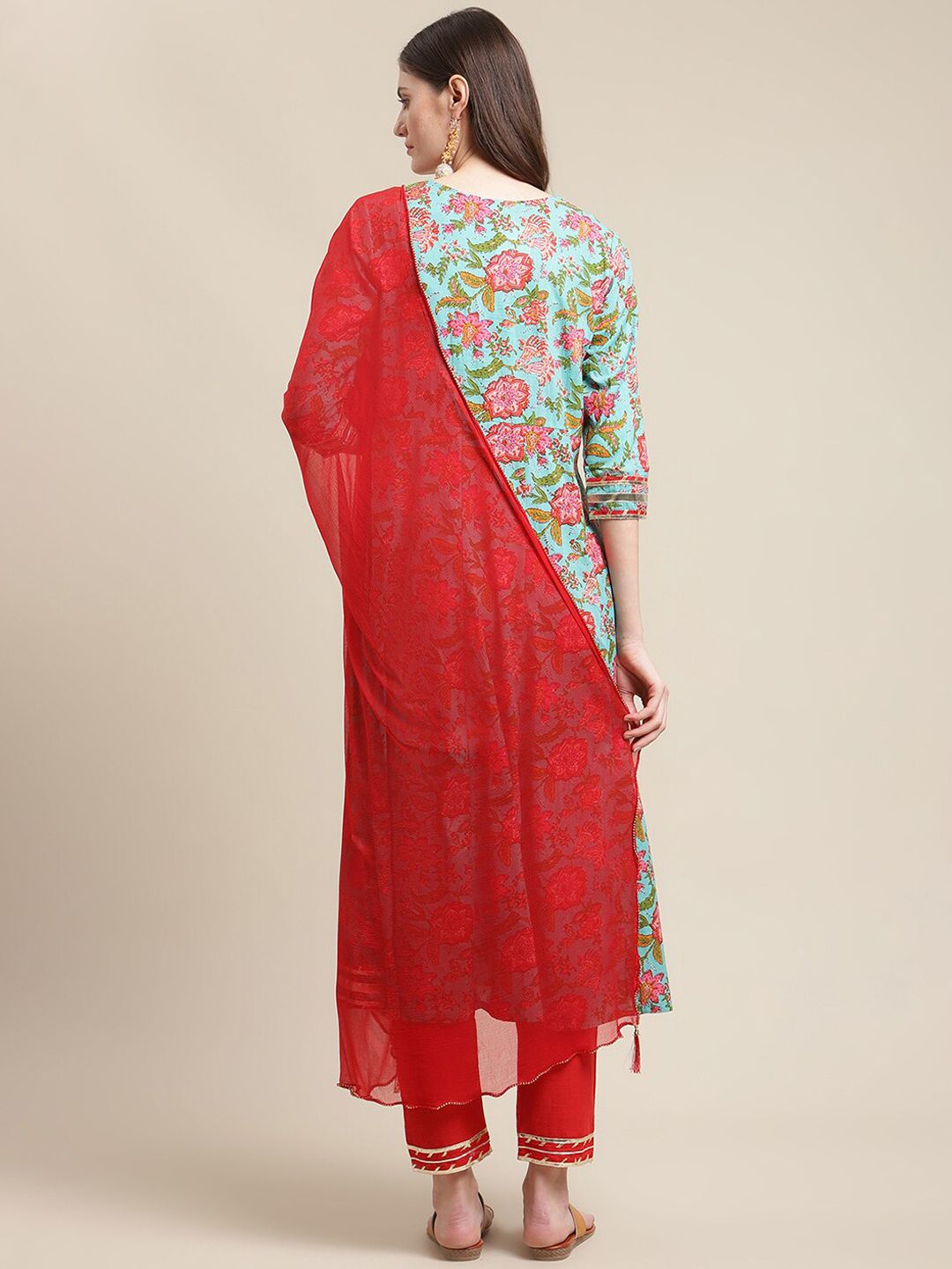 Dhiyona VA Women's Blue Floral Printed Gotta Patti Kurti with Trousers & With Dupatta