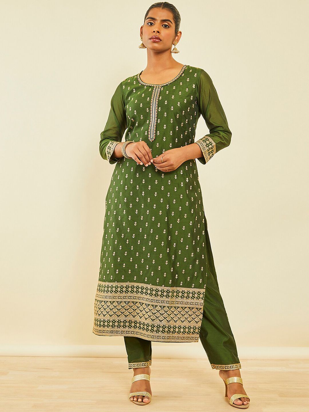 Dhiyona SO Women's Ethnic Motifs Embroidered Sequinned Chanderi Silk Straight Kurta Set