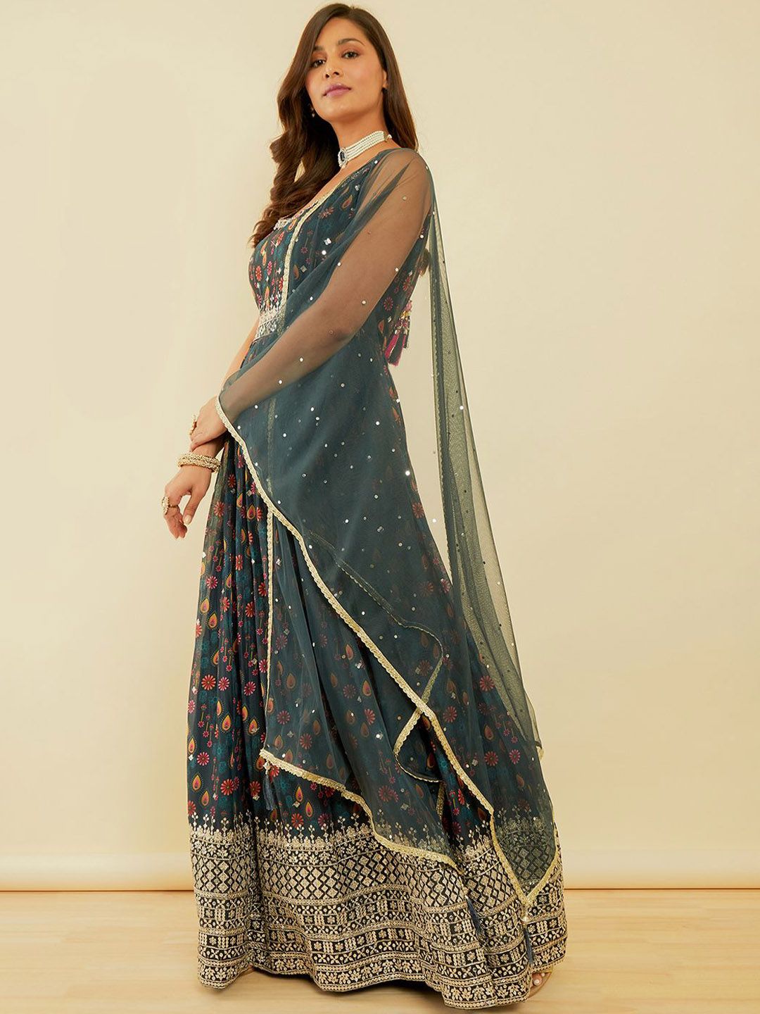 Dhiyona SO Women's Ethnic Motifs Printed Pleated Sequinned Kurta & Churidar With Dupatta