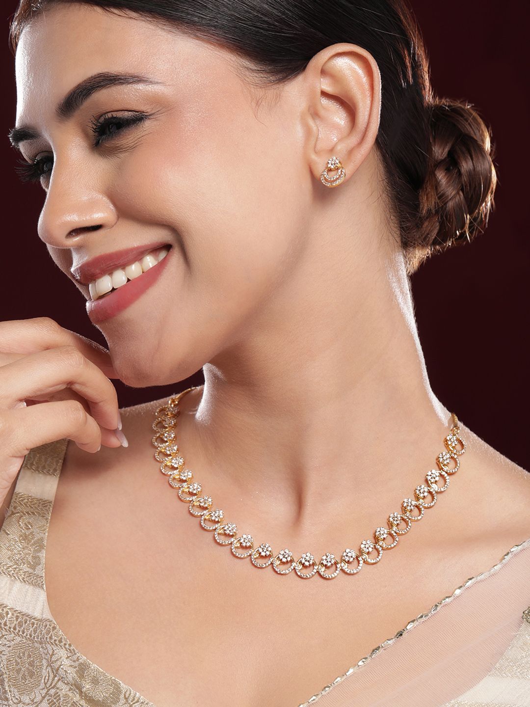 Dhiyona RJ Women's 22K Gold-Plated White Cubic Zirconia Studded Elegant Necklace Set with Earrings