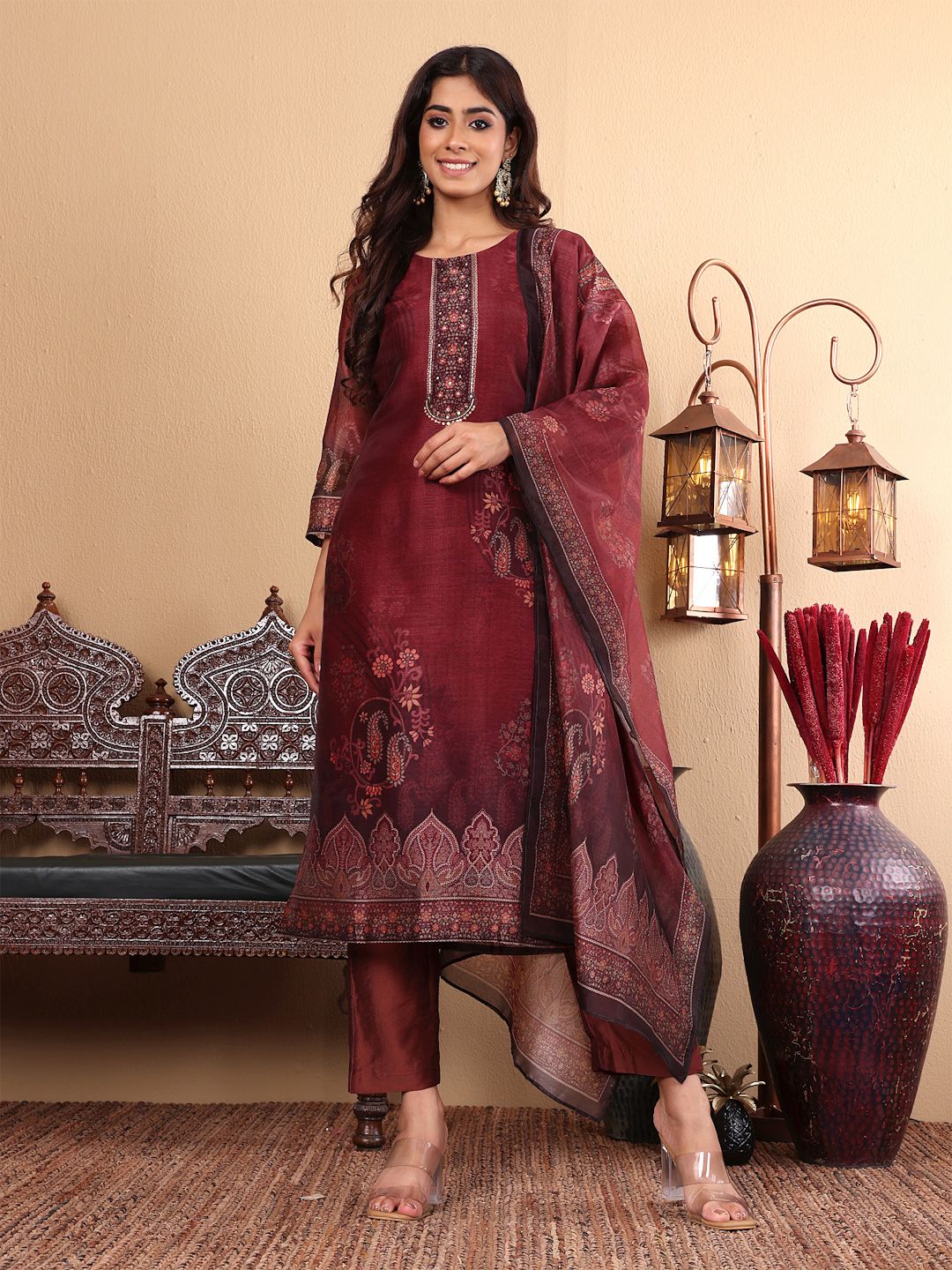 Dhiyona VA Women'sFloral Printed Sequinned Chanderi Silk Straight Kurta with Trousers & Dupatta