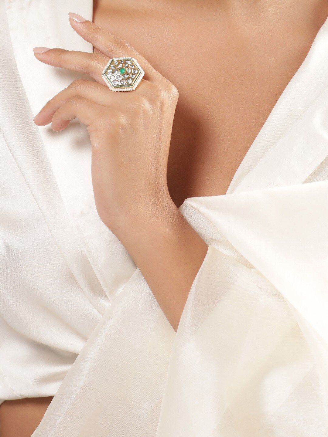 Dhiyona RJ Women's 22k Gold Plated Emerald Green & White Kundan Polki Studded Adjustable Finger Ring