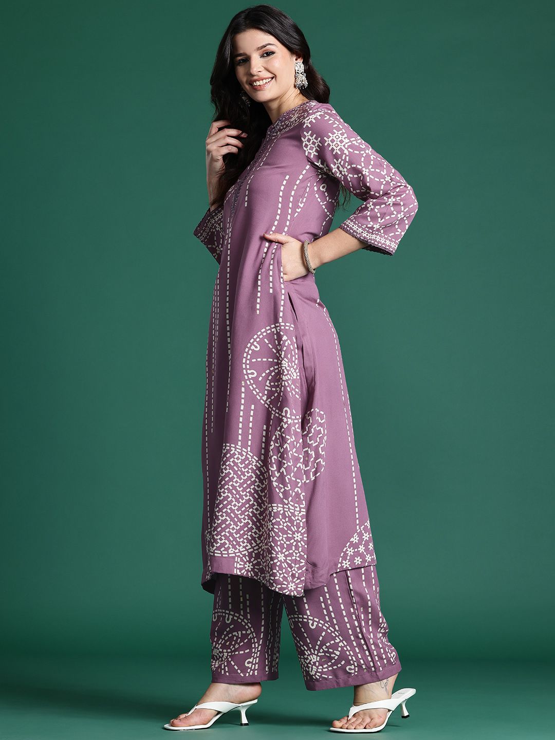 Dhiyona IE Printed Beads & Stones Kurta with Palazzos